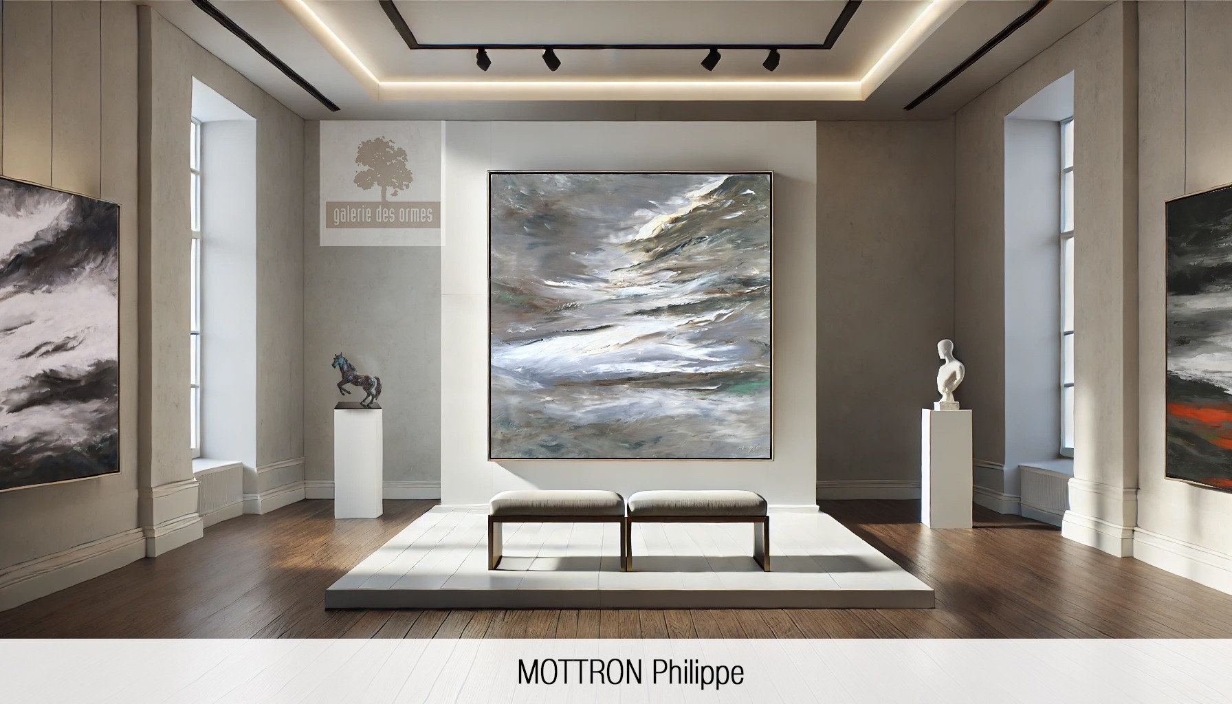 Tableaux de Philippe Mottron exposés à la Galerie des Ormes, représentant une composition nuagiste aux nuances subtiles et textures fluides.